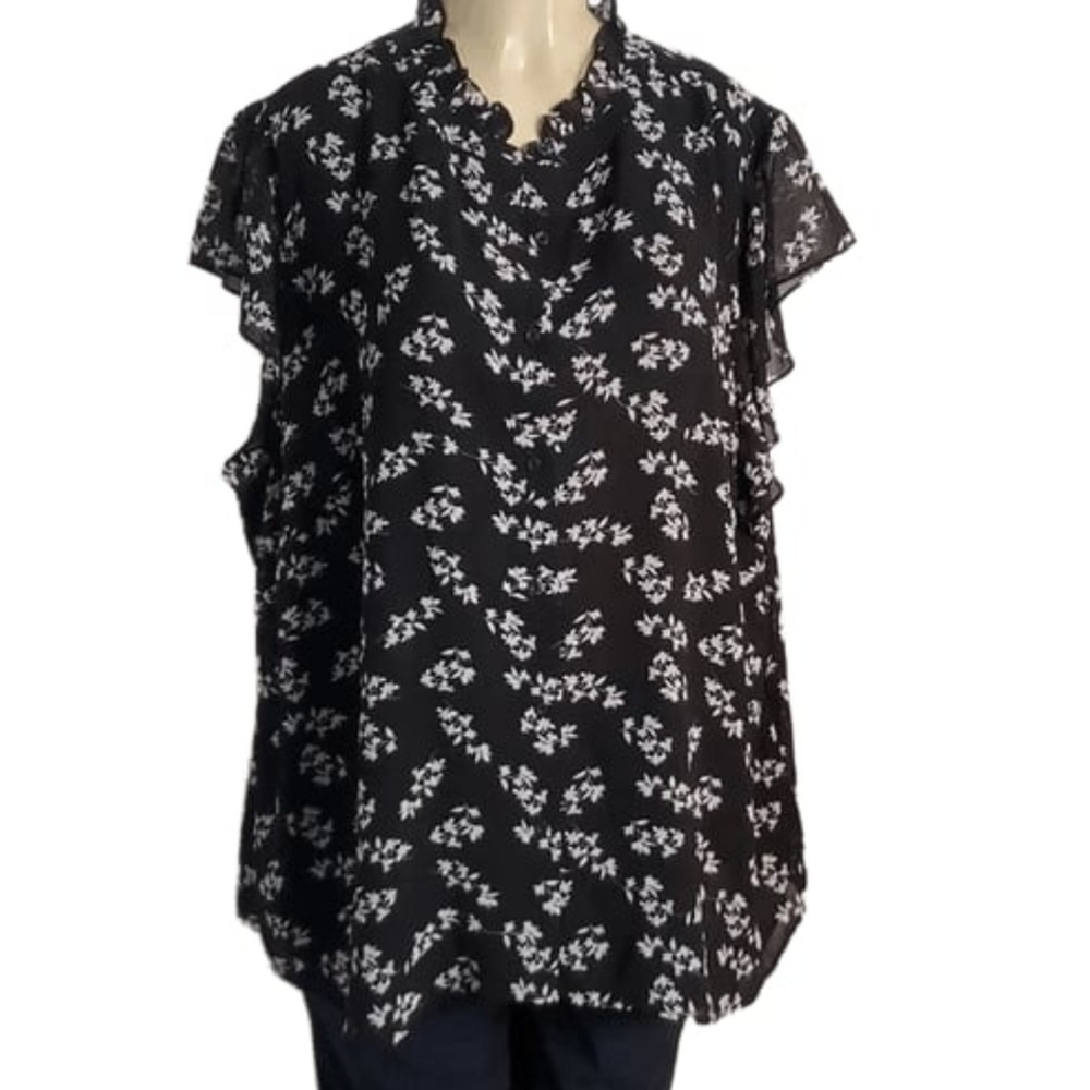 NWT Calvin Klein Black White flowered button down blouse Size 3XL - Picture 1 of 10